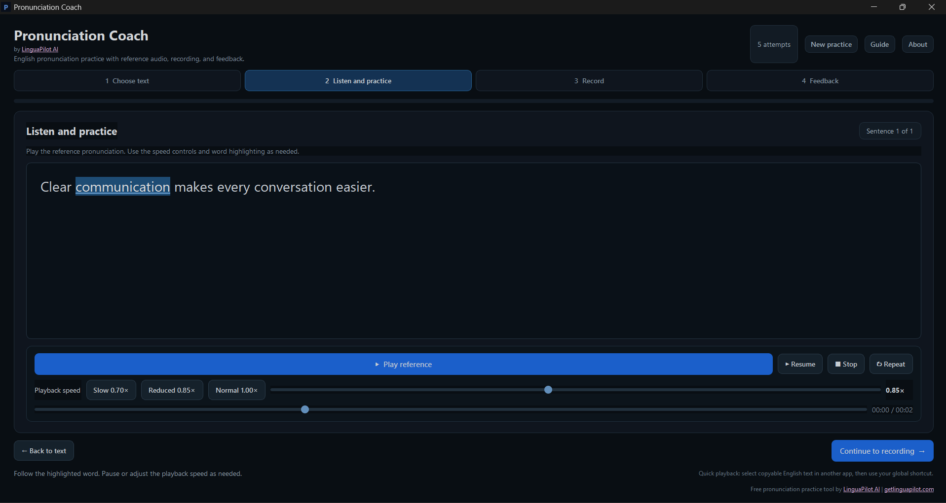 Pronunciation Coach listen and practice screen with reference playback and speed controls