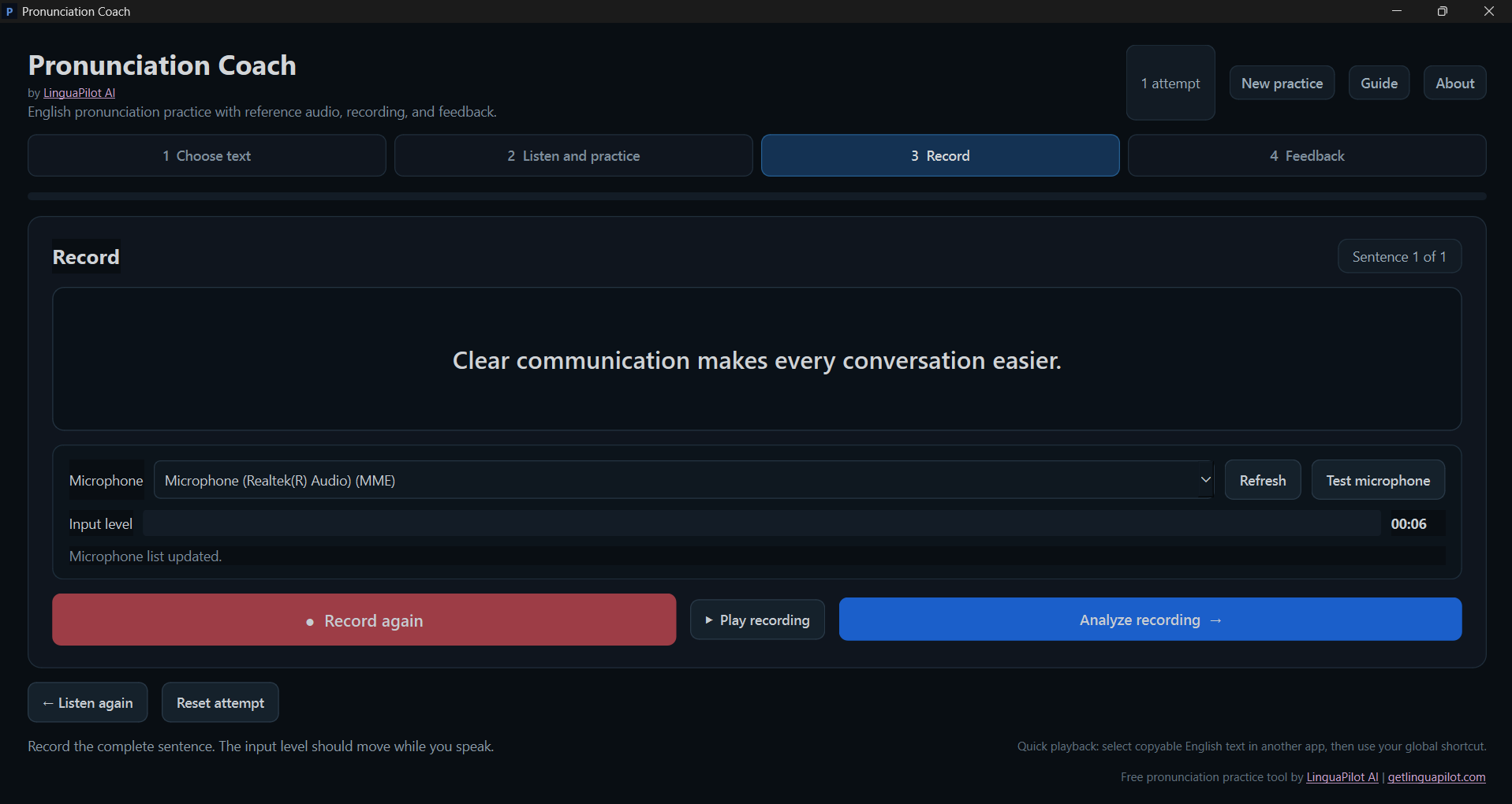 Pronunciation Coach record screen with microphone selection, input level and analyze recording button