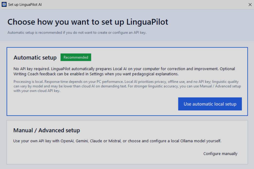 LinguaPilot setup screen showing the automatic local setup option