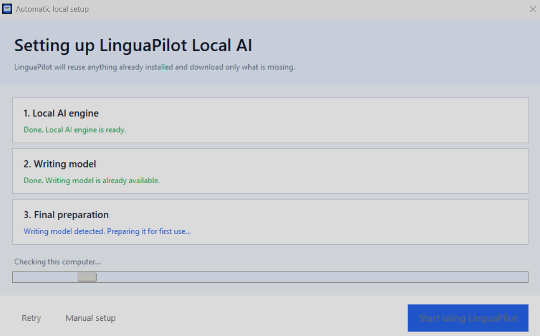 LinguaPilot automatic local setup progress window showing Local AI engine, writing model, and final preparation