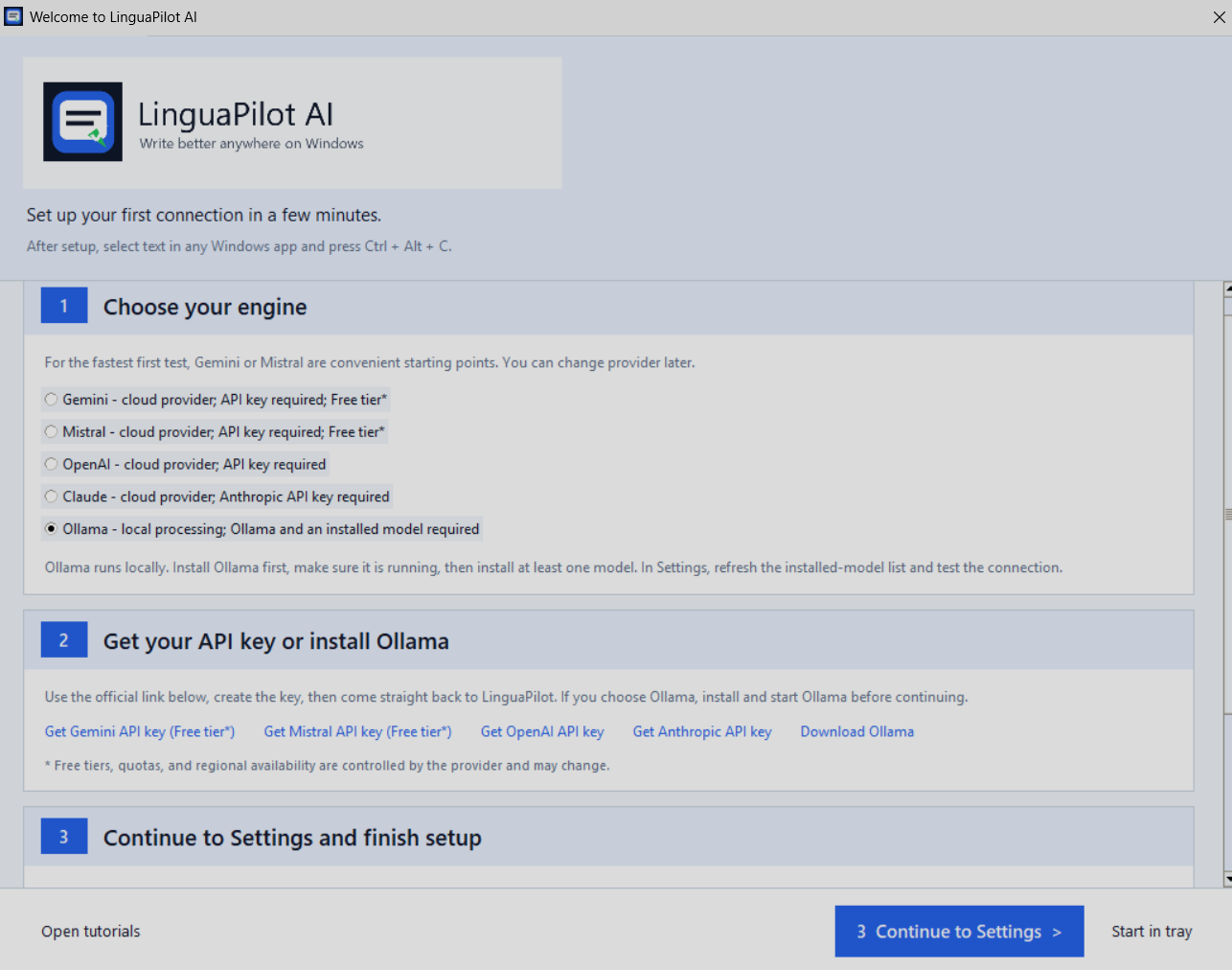 LinguaPilot welcome screen showing provider choices including Gemini, Mistral, OpenAI, Claude, and Ollama