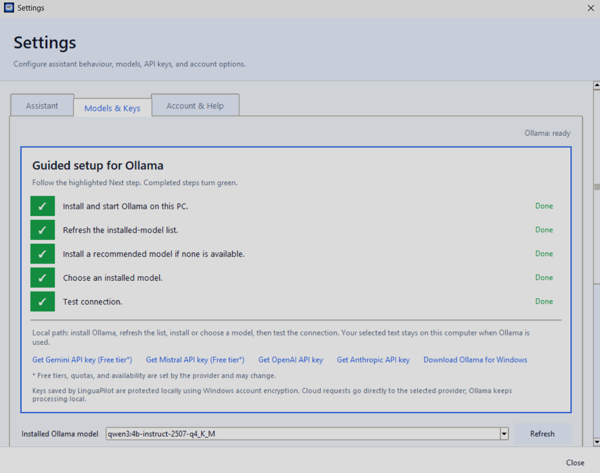 LinguaPilot settings showing the guided setup for Ollama checklist and installed model selection