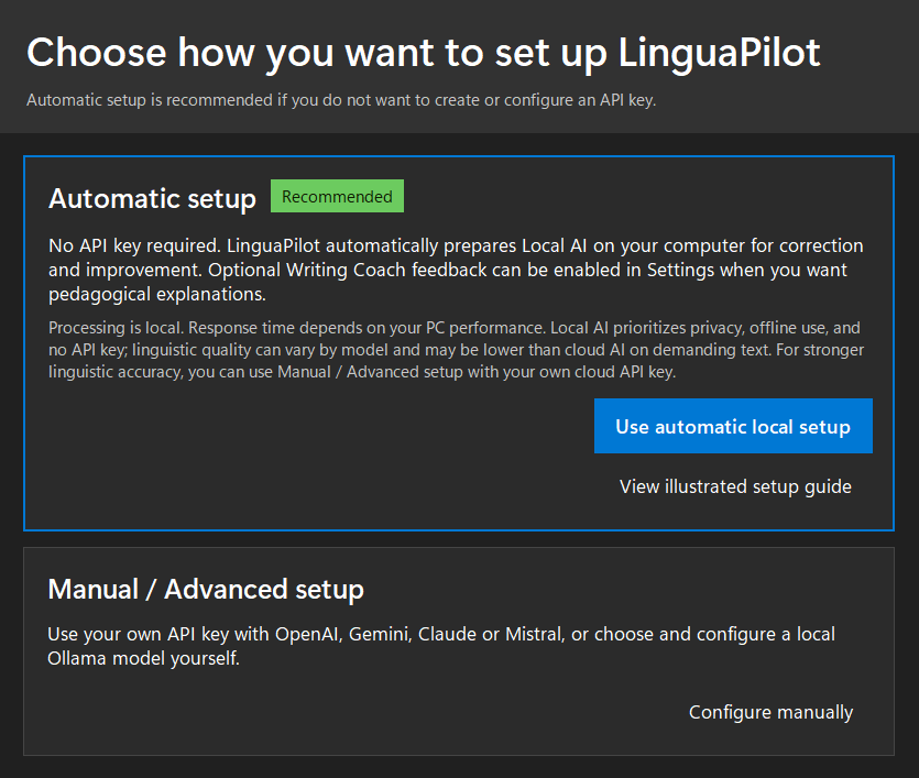 Dark-themed LinguaPilot Windows setup screen showing the recommended Automatic setup and Manual / Advanced setup options